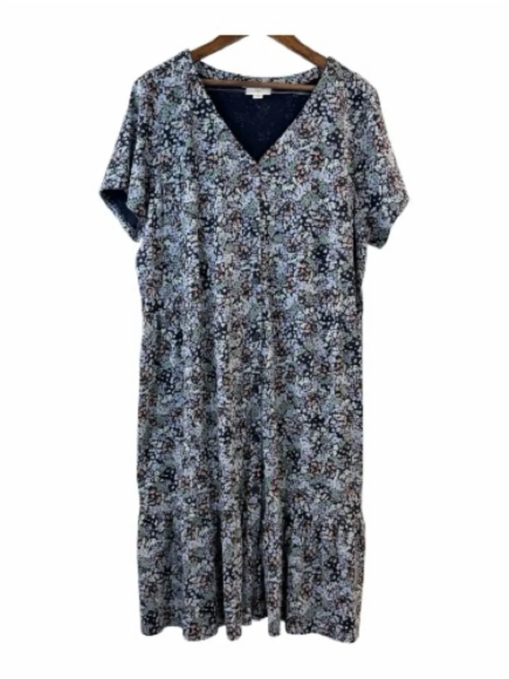 J. Jill Navy Ditsy Floral V-Neck Midi Dress Short Sleeve Tall L Cotton - Picture 2 of 7